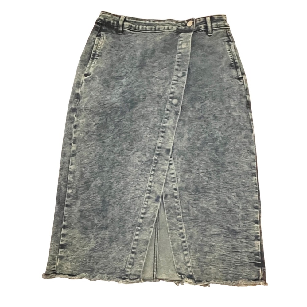 Flamingals Acid Wash Denim Midi Skirt Blue Wrap Front Frayed Hem Size L EUC